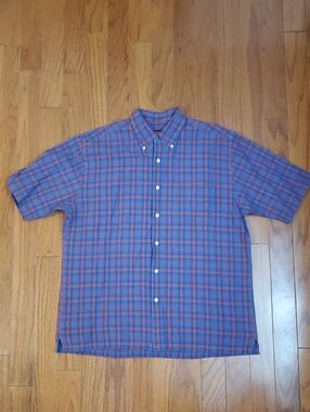 Austin Reed London Mens Large Plaid Short Sleeve Button Shirt Top Red Blue Linen